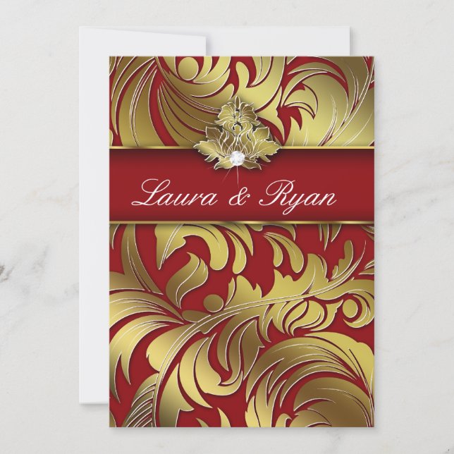 Invitación Elegante Boda Xmas Diamond Leaf Swirl Gold Red 2 (Anverso)