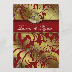 Invitación Elegante Boda Xmas Diamond Leaf Swirl Gold Red 2