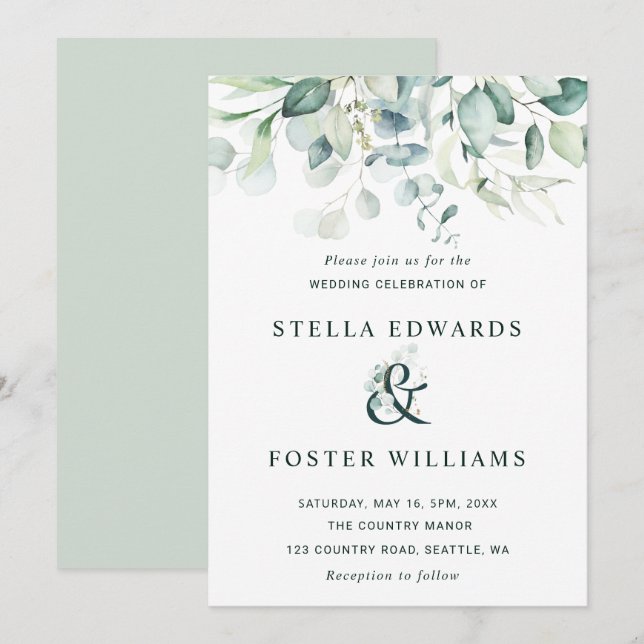 Invitación Elegante Boda y afición de follaje verde (Anverso / Reverso)