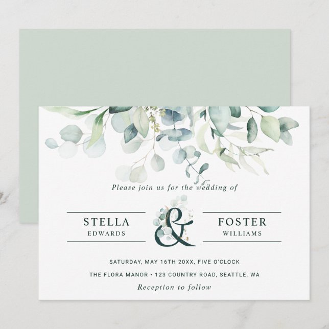 Invitación Elegante Boda y afición de follaje verde (Anverso / Reverso)