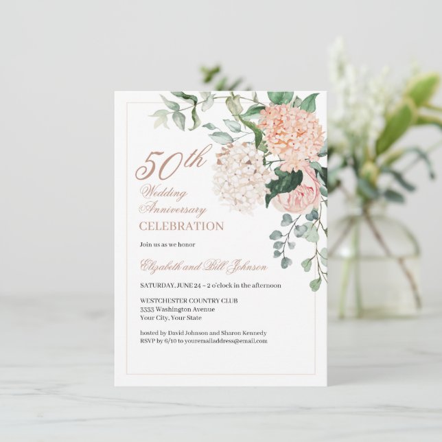 Invitación Elegante Bodas de Aniversario Floral Rosa Dorado (Anverso de pie)