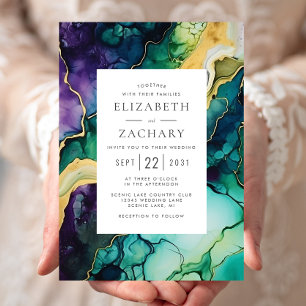 Invitación Elegante Bodas de Ciruela Abstracta Verde Dorado
