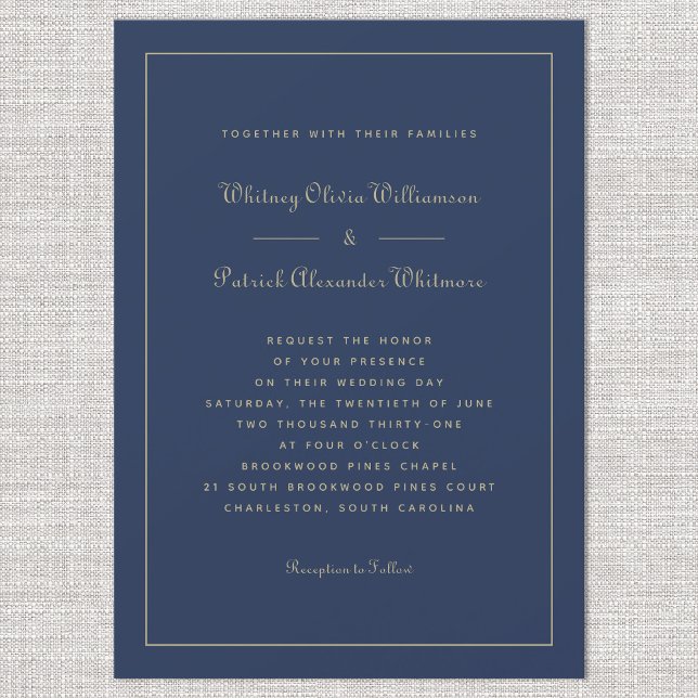 Invitación Elegante Bodas de Moda formal de la Marina Azul de (Elegant Script Navy Blue Gold Formal Chic Weddings Invitation)