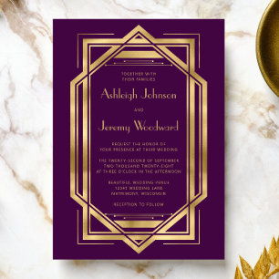 Invitación Elegante Bodas Deco Vintage de Oro Morado Años 20