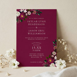 Invitación Elegante Bodas Florales Acuarela Burgundy Moody