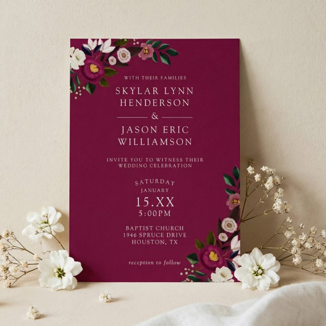 Invitación Elegante Bodas Florales Acuarela Burgundy Moody (Elegant Moody Burgundy Watercolor Floral Wedding Invitation)