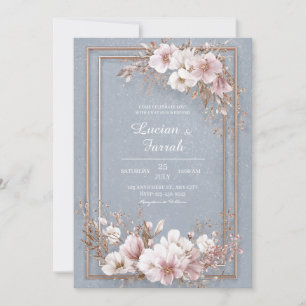 Invitación Elegante Bodas Florales de Rosa Dorada Azul Polvor
