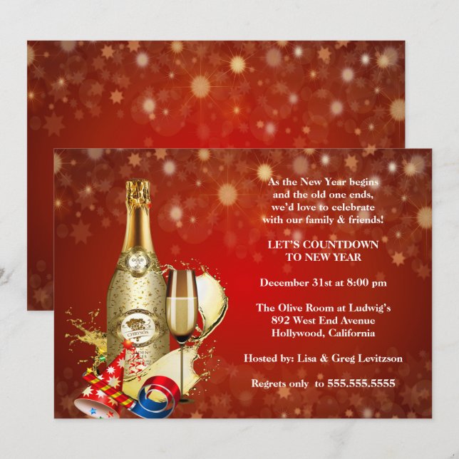 Invitación Elegante bohek rojo ilumina Fiesta de Año Nuevo (Anverso / Reverso)
