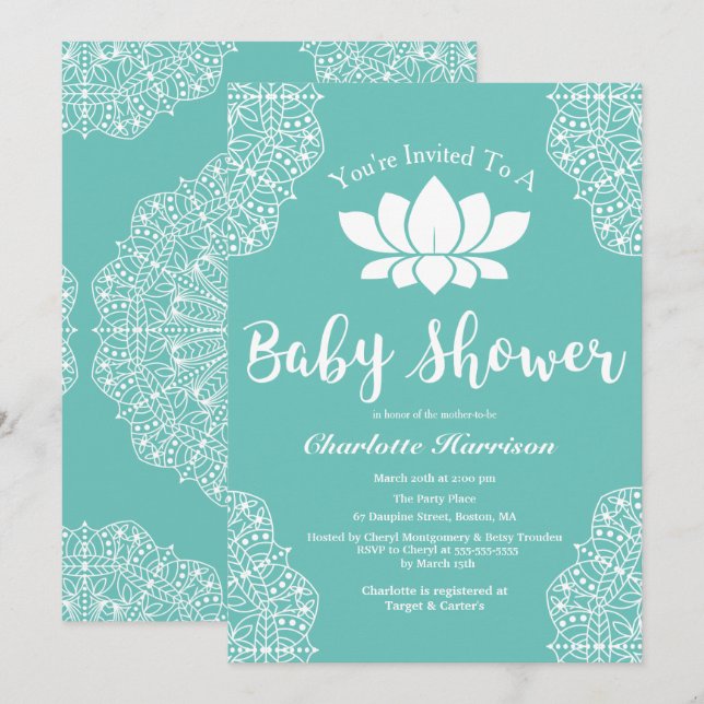 Invitación Elegante bohemio blanco Lotus Mandalas Baby Shower (Anverso / Reverso)