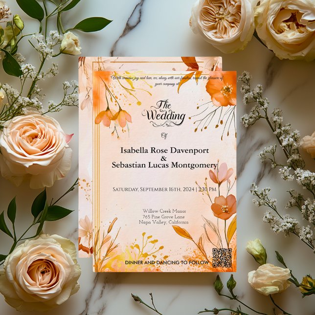 Invitación Elegante bohemio con acuarela floral y oro (Subido por el creador)