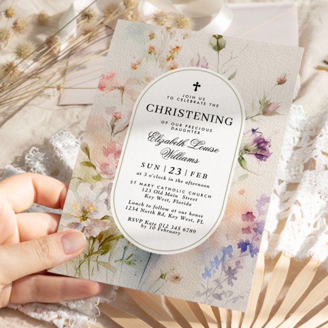 Invitación Elegante Boho Aquarela Flores Silvestres Bautizo (Subido por el creador)
