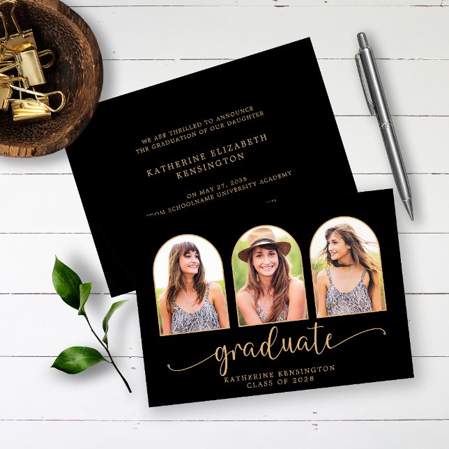 Invitación Elegante Boho Arch Black Gold 3 Graduación de foto (Subido por el creador)