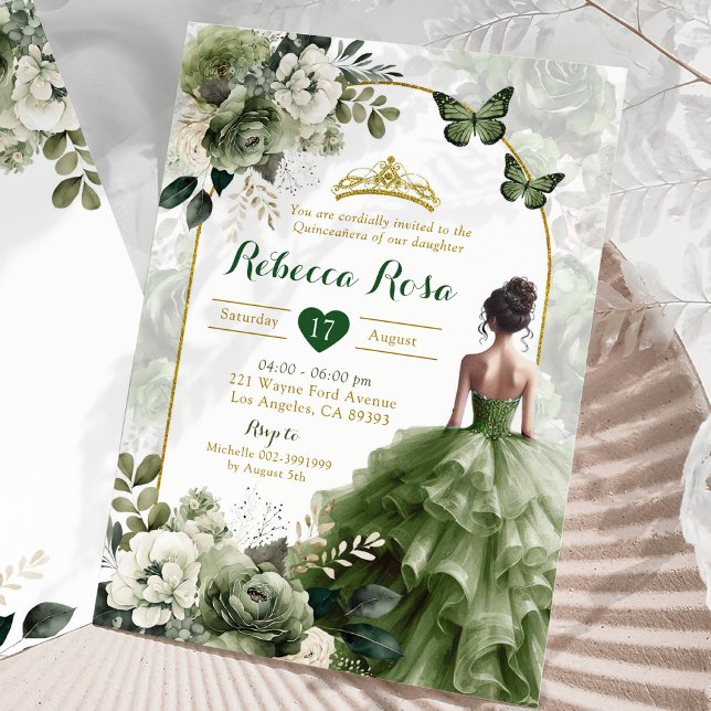 Invitación Elegante Boho Arch Sage Green Princess Quinceañera (Subido por el creador)