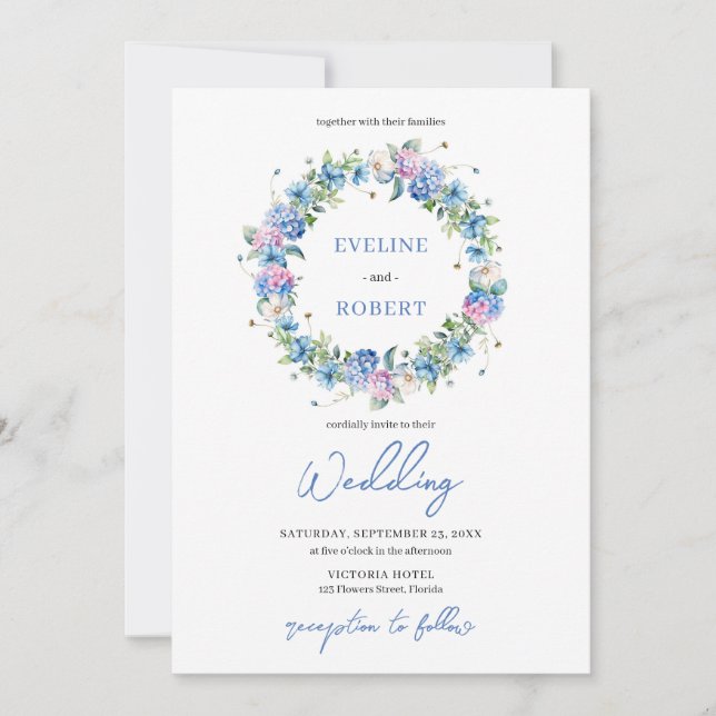 Invitación Elegante Boho azul hidrangea floral (Anverso)