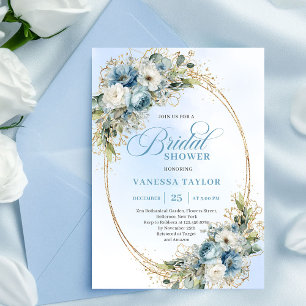 Invitación Elegante Boho Azul Polvoriento Floral Oro Ducha de