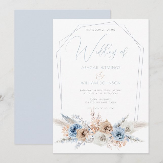 Invitación Elegante Boho azul turbio o boda playera (Anverso / Reverso)