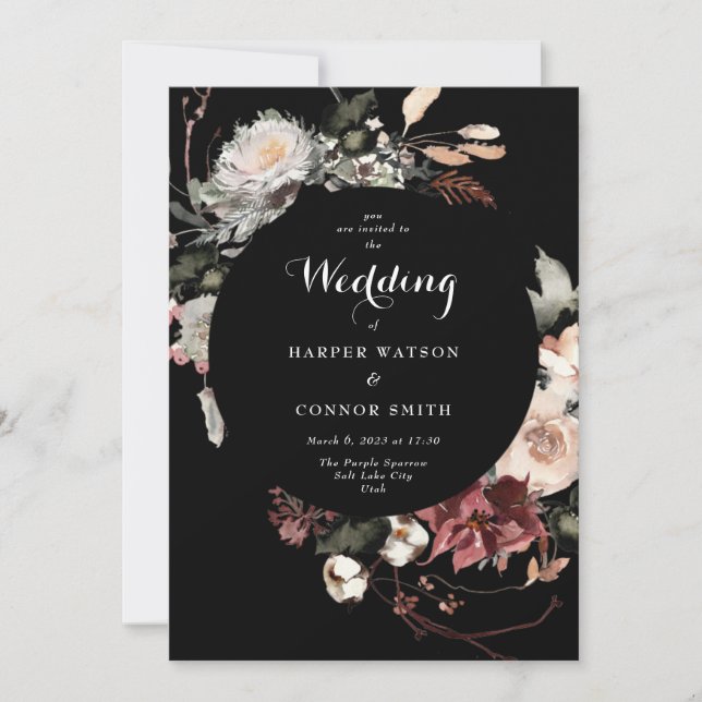 Invitación Elegante Boho Black Dried Burgundy Rustic Flortic (Anverso)