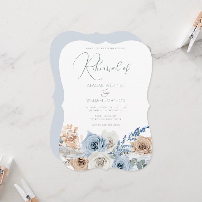 Invitación Elegante Boho Blue Floral Boda Ensayo Cena (Anverso/Reverso In Situ)