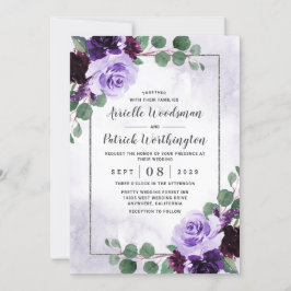 Invitación Elegante Boho Boho Floral Purple y Silver Boda