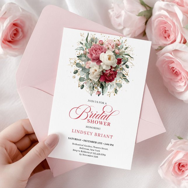 Invitación Elegante Boho Borgoña Blanco Verde Fiesta de Despe (Romantic Bohemian Ruby Red Blush Gold Shower)