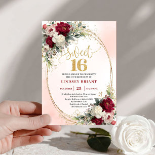 Invitación Elegante Boho Borgoña Dorado Floral 16 Cumpleaños