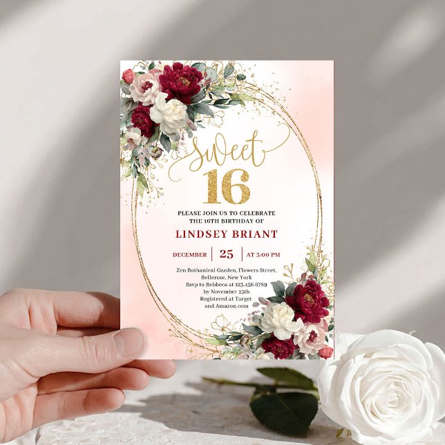 Invitación Elegante Boho Borgoña Dorado Floral 16 Cumpleaños (Elegant Boho Burgundy Gold Floral 16th Birthday Invite)
