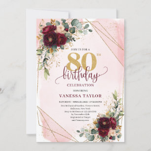 Invitación Elegante Boho Borgoña Rosas de oro 80 cumpleaños