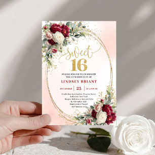 Invitación Elegante Boho Borgoña Rubor Dorado Floral Dulces 1