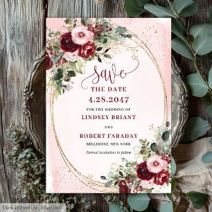 Invitación Elegante Boho Borgoña Rubor Oro Floral Guardar Fec