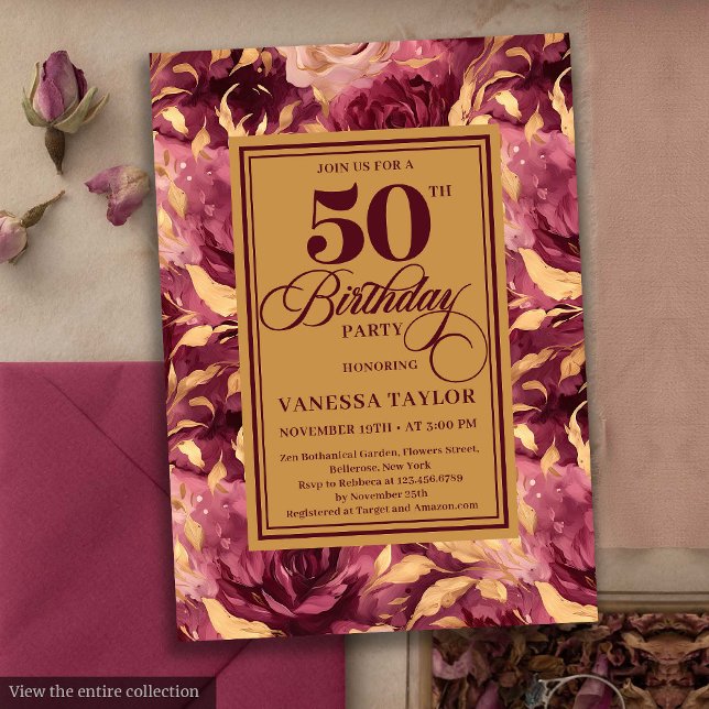 Invitación Elegante Boho Burgundy Gold Floral 50 cumpleaños (Elegant Boho Burgundy Gold Floral 50th Birthday Invitation)