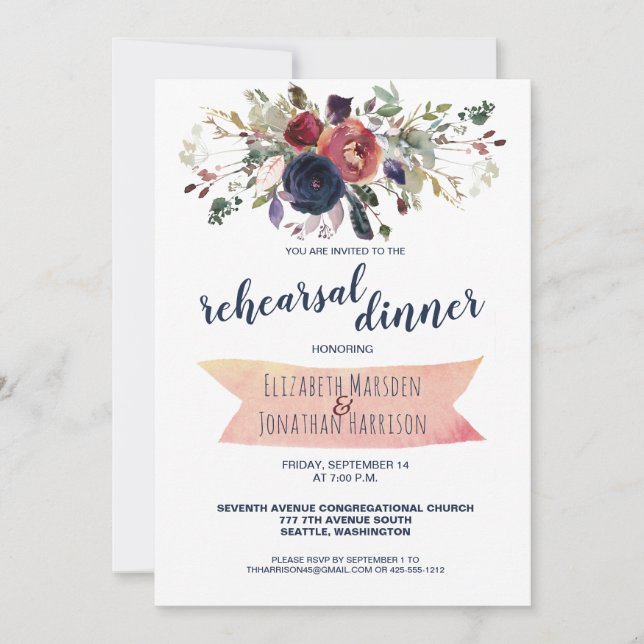Invitación Elegante Boho Burgundy Navy Cena de Ensayos Floral (Anverso)