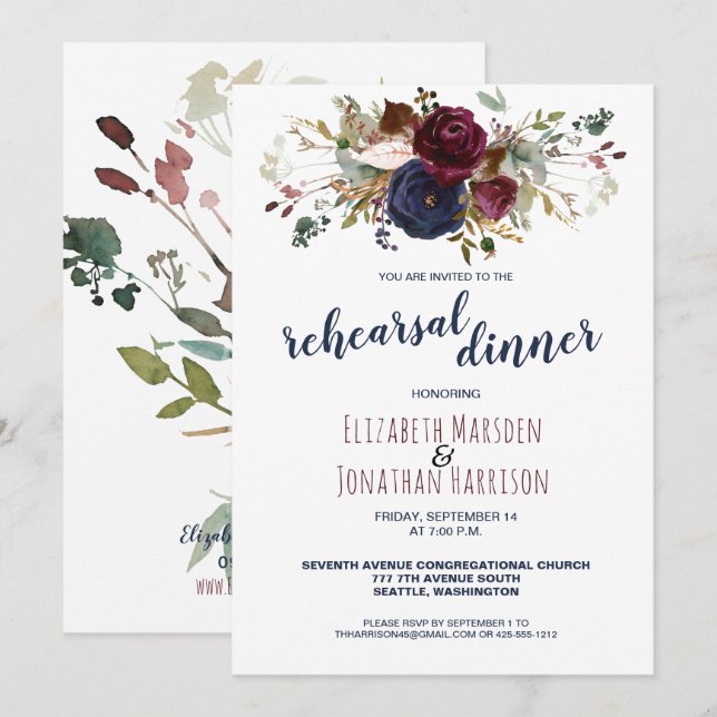 Invitación Elegante Boho Burgundy Navy Cena de Ensayos Floral (Anverso / Reverso)