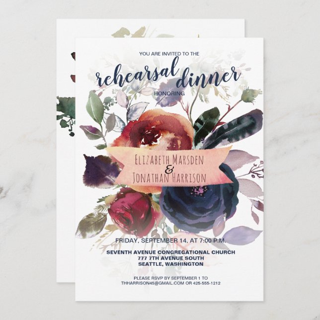 Invitación Elegante Boho Burgundy Navy Cena de Ensayos Floral (Anverso / Reverso)