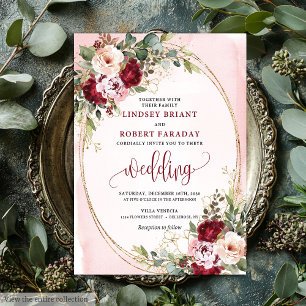 Invitación Elegante Boho Burgundy Rubor Oro Floral Boda