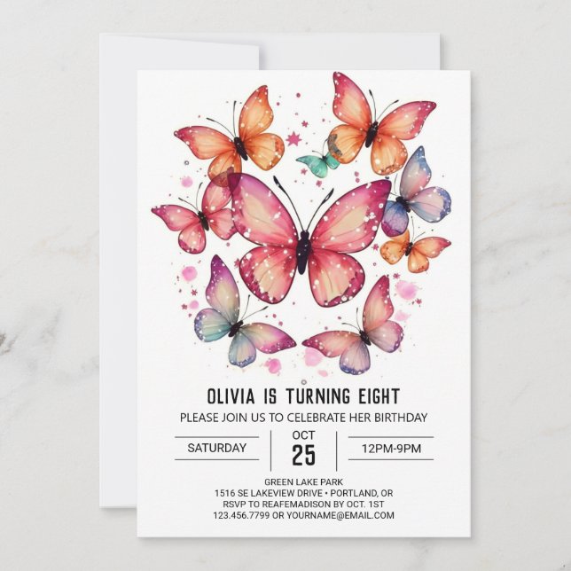 Invitación Elegante Boho Butterfly Chica Cumpleaños (Anverso)