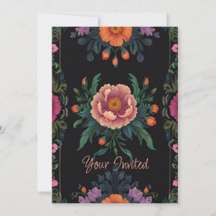 Invitación Elegante boho chic floral vintage negro 