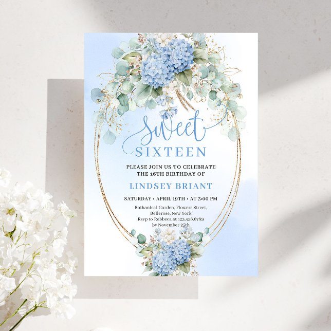 Invitación Elegante Boho Cumple 16 con Hortensias  (Elegant Boho Blue Hydrangeas Sweet Sixteen Invite)