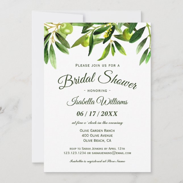 Invitación Elegante Boho de Olive Summer Bridal Shower Invita (Anverso)
