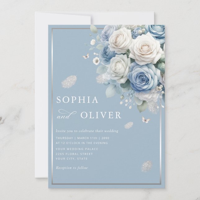 Invitación Elegante Boho Dusty Blue Floral Elegante Boda (Anverso)