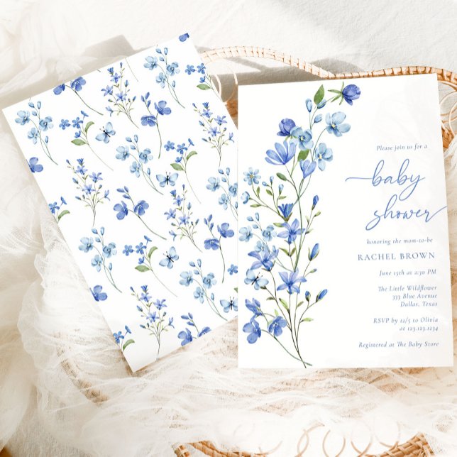 Invitación Elegante Boho Dusty Blue Wildflower Baby Shower (Subido por el creador)