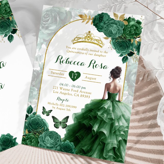 Invitación Elegante Boho Emerald Green Floral Quinceañera (Subido por el creador)