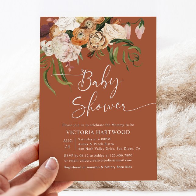 Invitación Elegante Boho Fall Florals Terracotta Baby Shower (Subido por el creador)