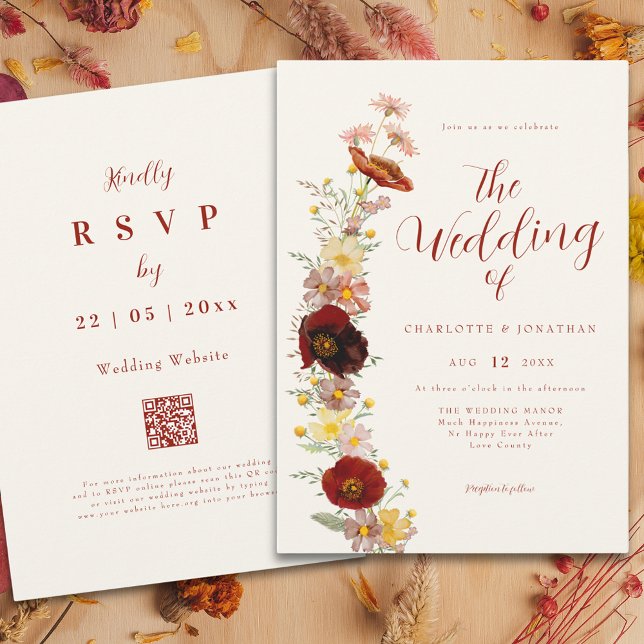 Invitación Elegante Boho Flor Silvestre de Otoño (Elegant boho wildflower fall peach brown burnt orange wedding qr code invitation )
