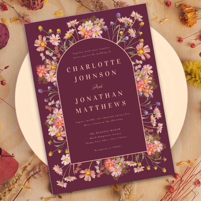 Invitación Elegante Boho Floral Arco Borgoña Boda Fall Weddin (Boho chic wildflower arch burgundy burnt orange fall wedding invitation )