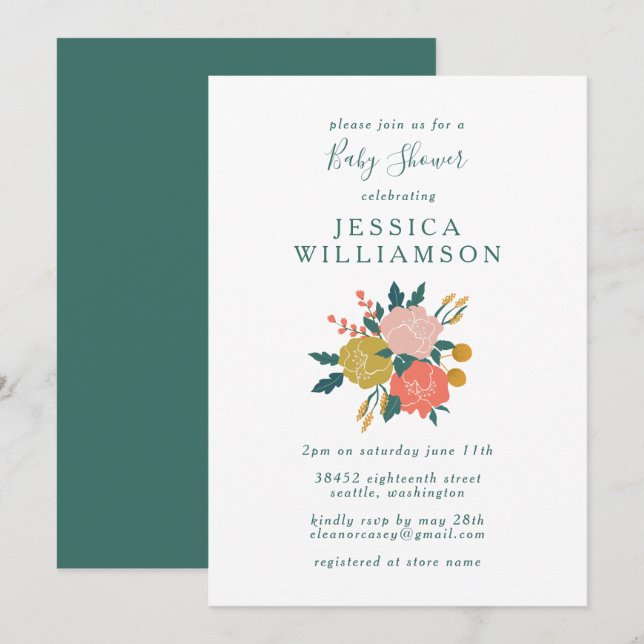Invitación Elegante Boho Floral Art Simple Baby Shower (Anverso / Reverso)