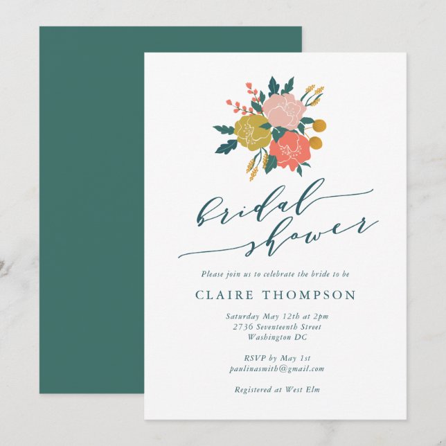 Invitación Elegante Boho Floral Art Simple Bridal Shower (Anverso / Reverso)