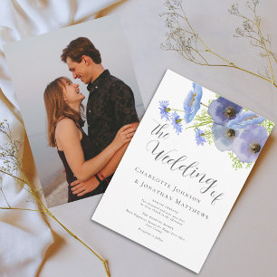Invitación Elegante Boho Floral Azul Foto Boda Acuarela