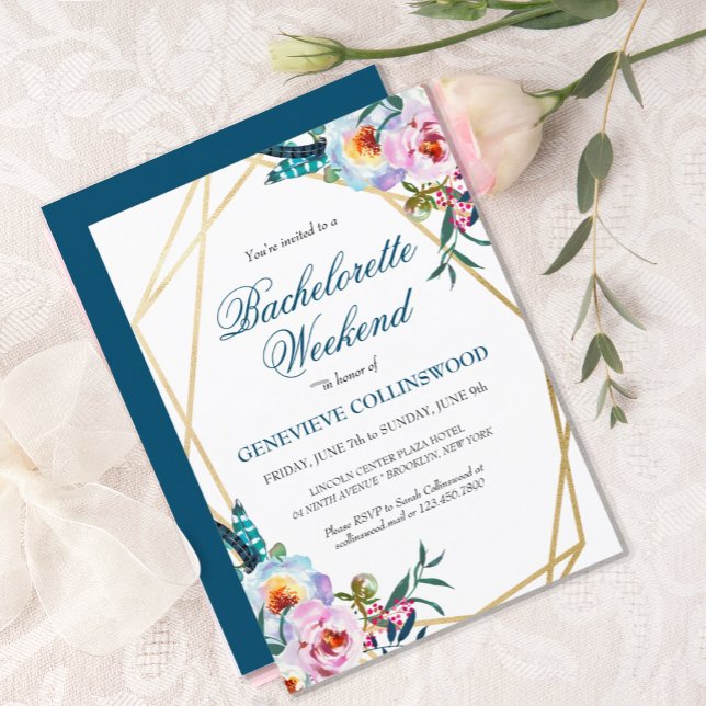 Invitación Elegante Boho Floral Bachelorette Fin de Semana It (PRETTY BLUE BOHO FLORAL BACHELORETTE WEEKEND INVITATION WITH ITINERARY)