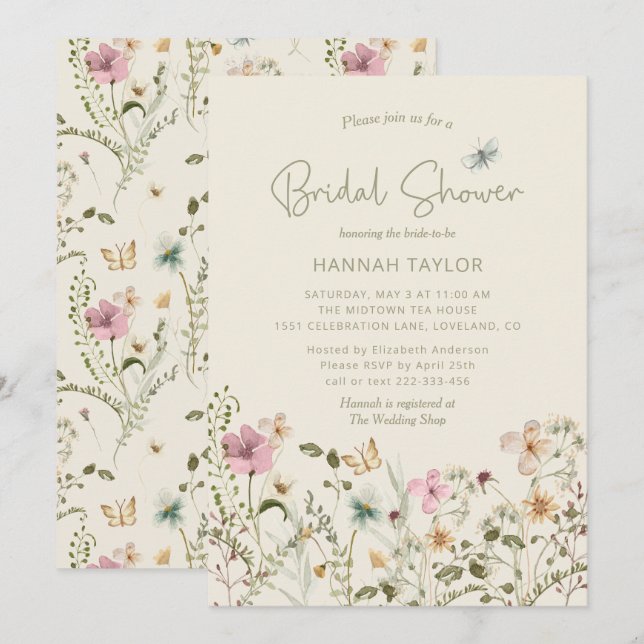 Invitación Elegante Boho Floral Flor silvestre Boho Bridal Sh (Anverso / Reverso)