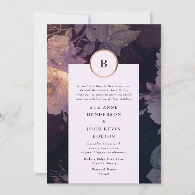 Invitación Elegante Boho floral oscuro Fantasy Rosa de oro (Anverso)